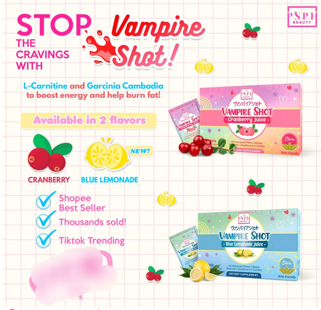 PSPH Beauty Vampire Shot Cranberry & Blue Lemonade Juice 21g x 15 Sachet