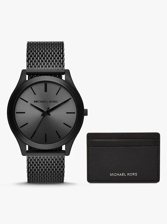 MICHAEL KORS Authentic Runway Three-Hand Black Stainless Steel Mesh Watch and Wallet Gift Set